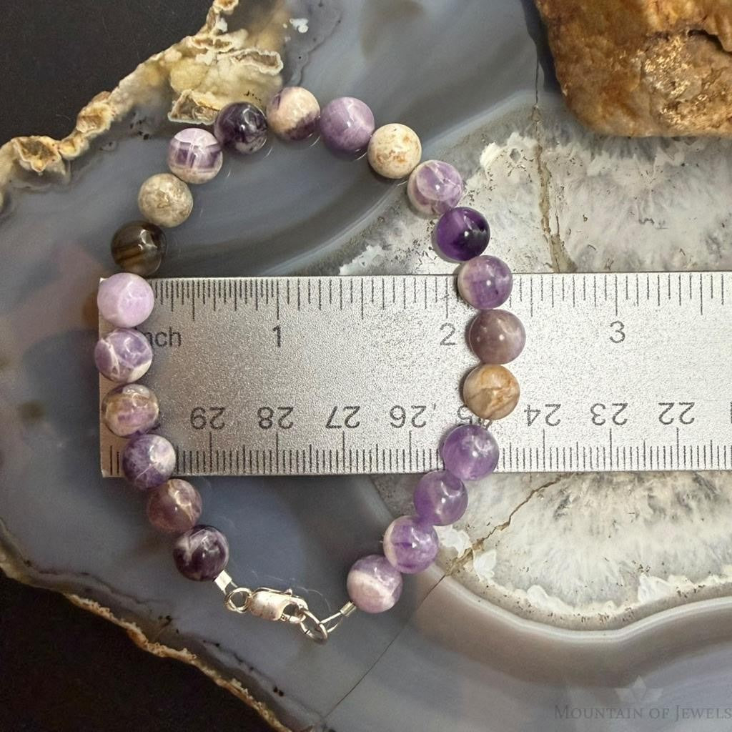 Sterling Silver 8mm Round Amethyst Beads 7" Bracelet For Women