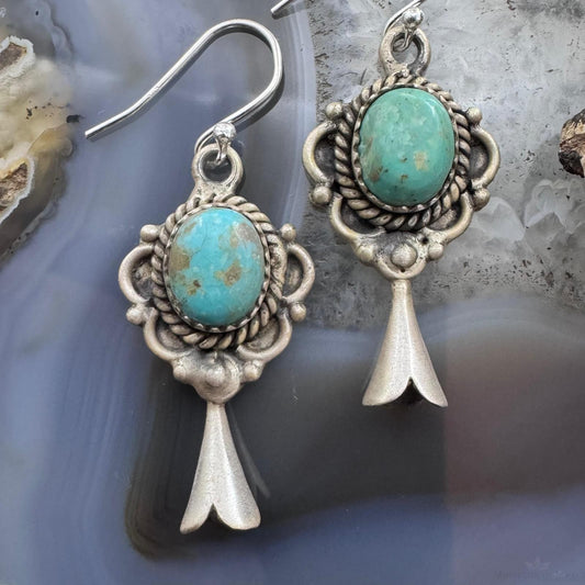 Sterling Silver Southwestern Style Turquoise Squash Blossom Decorated Dangle Earrings For Women