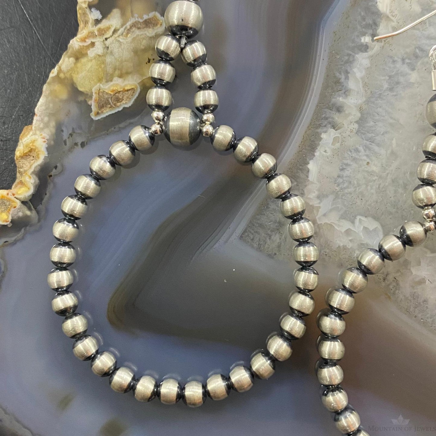 Navajo Pearl Bead 4 mm Sterling Silver Hoop Dangle Earrings For Women