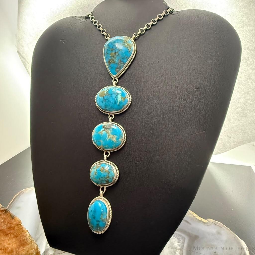 Sterling Silver Southwestern Style Kingman Turquoise Lariat Necklace For Women