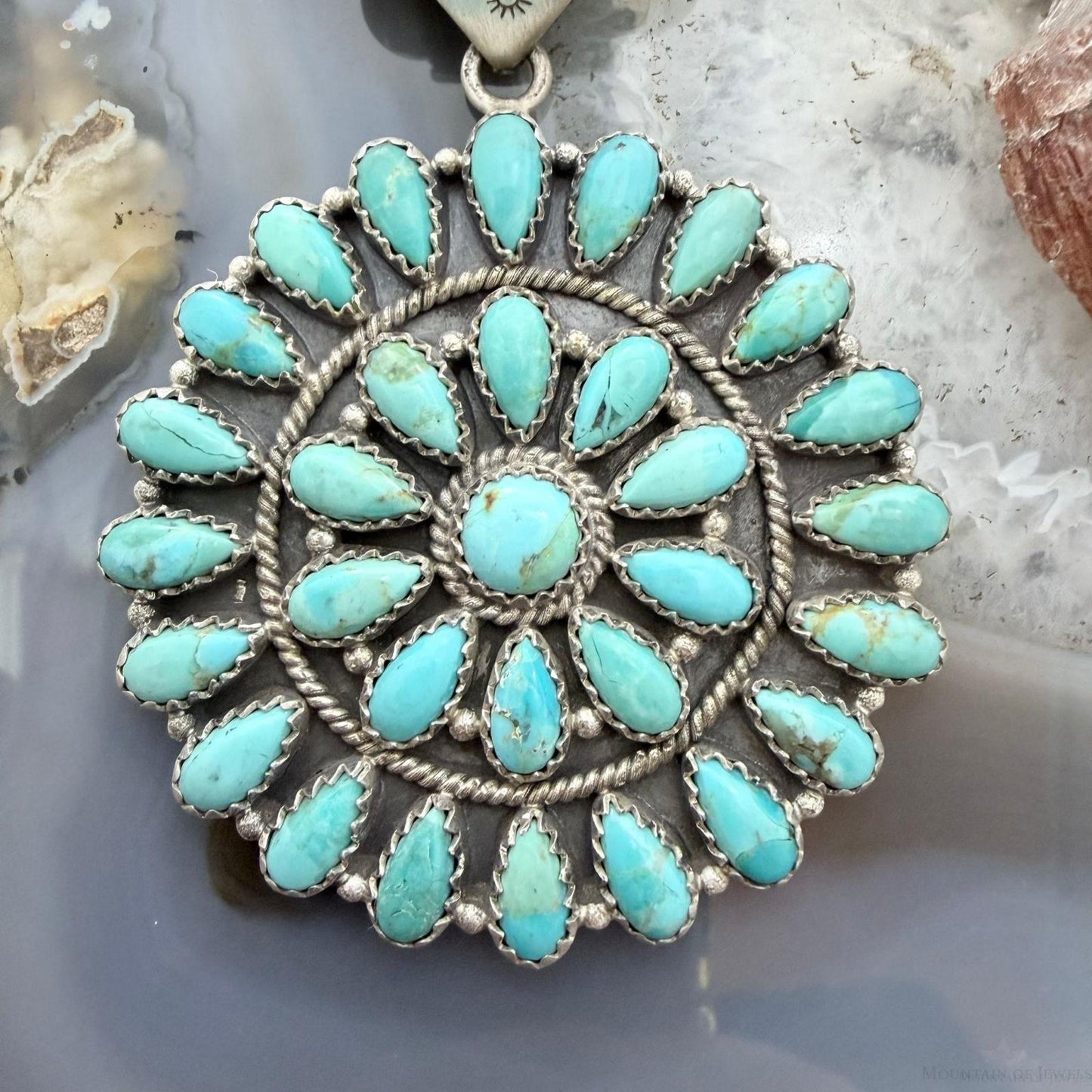 Sterling Silver Southwestern Style Teardrop Blue Mohave Turquoise Round Cluster Pendant