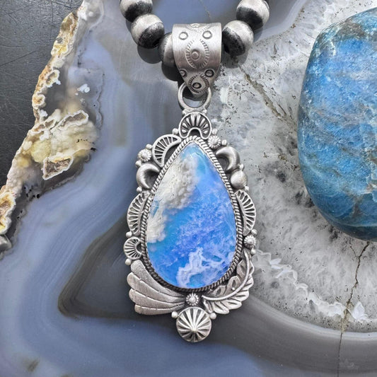 Sterling Silver Southwestern Style Teardrop Plume Doublet Agate Decorated Pendant For Women