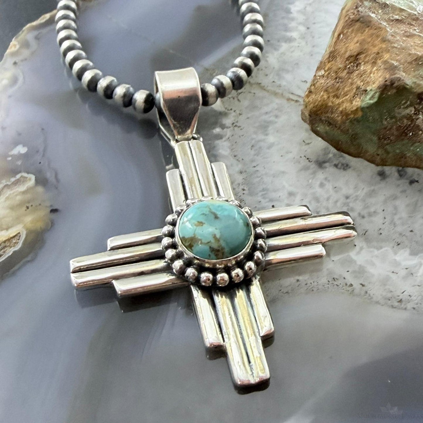 Sterling Silver Southwestern Style Rounded Turquoise Unisex Zia Pendant