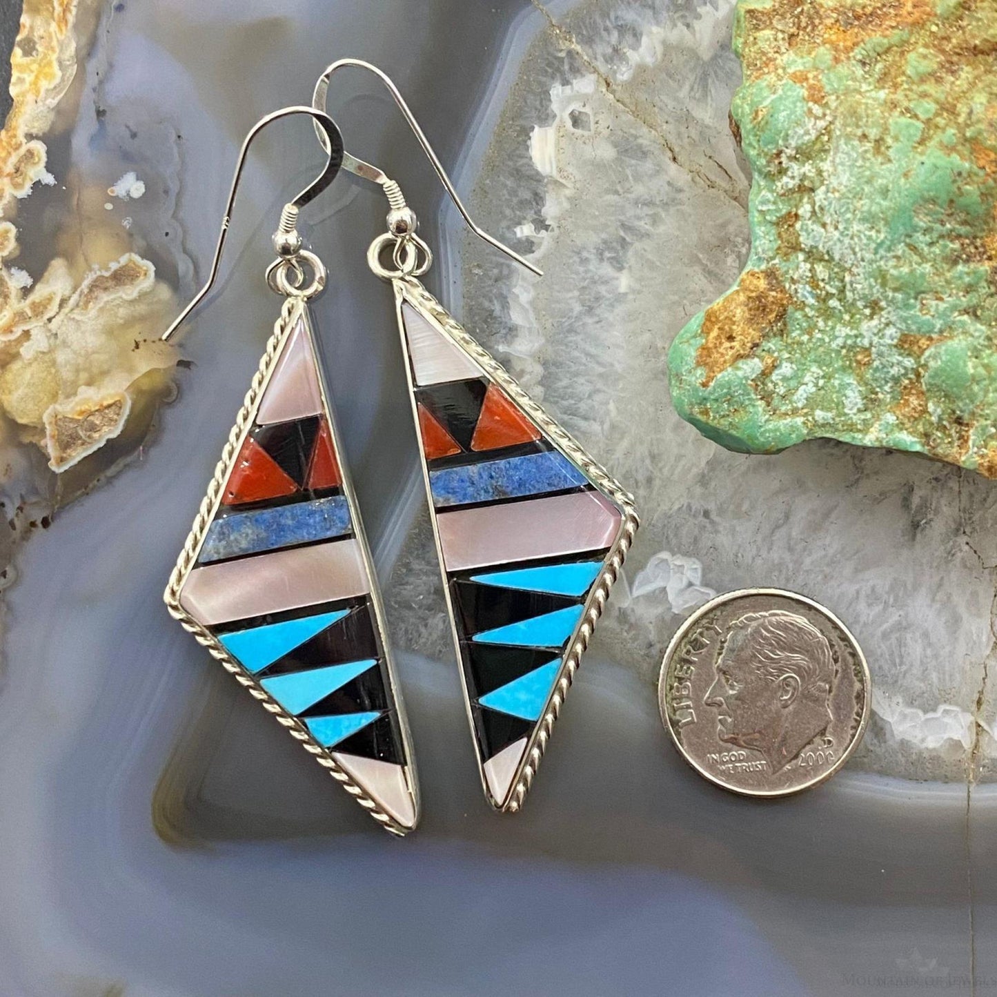 Sheryl Edaakie Zuni Native American Sterling Silver Multi Stone Inlay Earrings 3