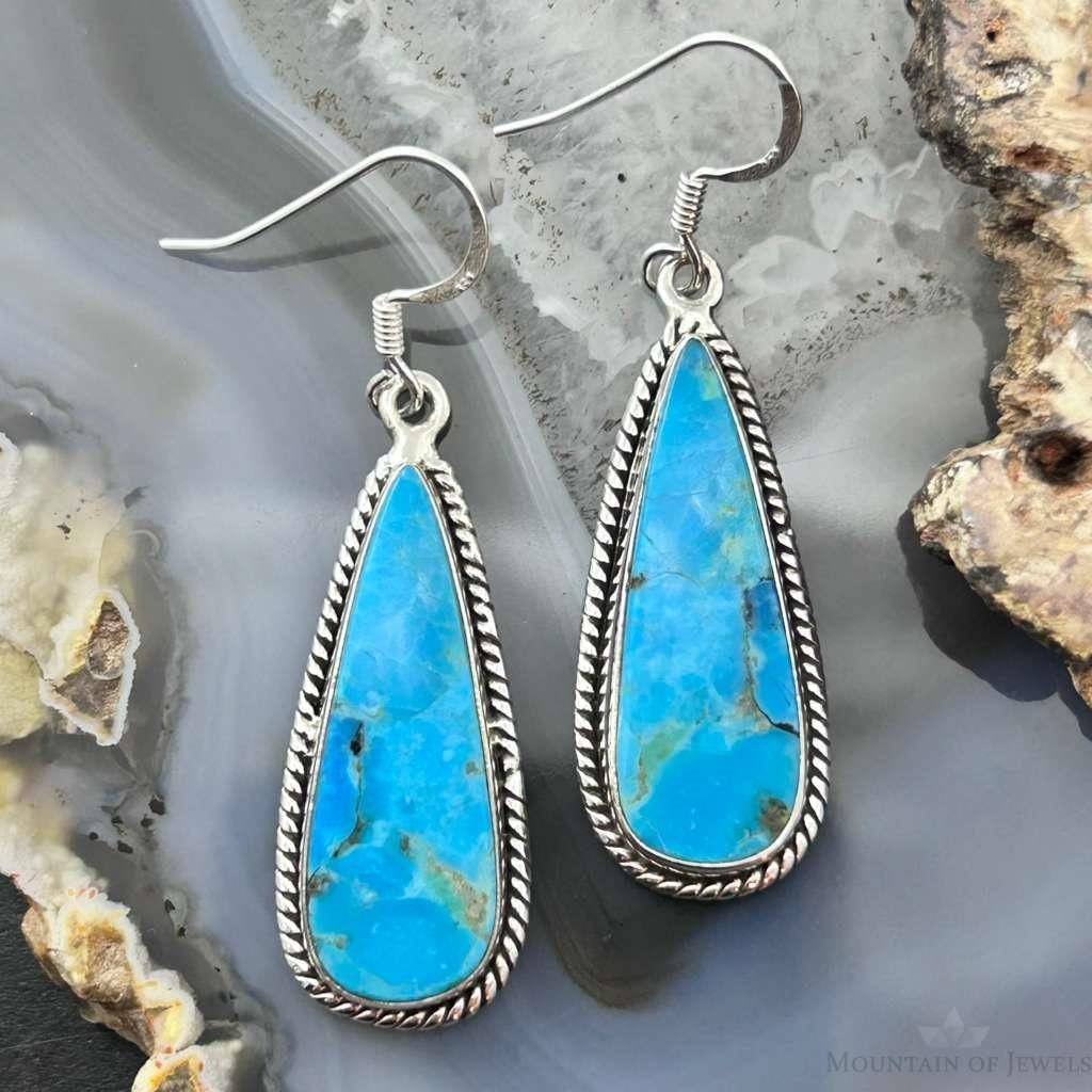 Sterling Silver Southwestern Style Teardrop Mojave Turquoise Dangle Earrings For Women