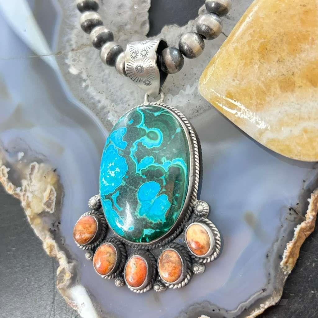 Sterling Silver Southwestern Style Malachite-Azurite & Spiny Pendant For Women
