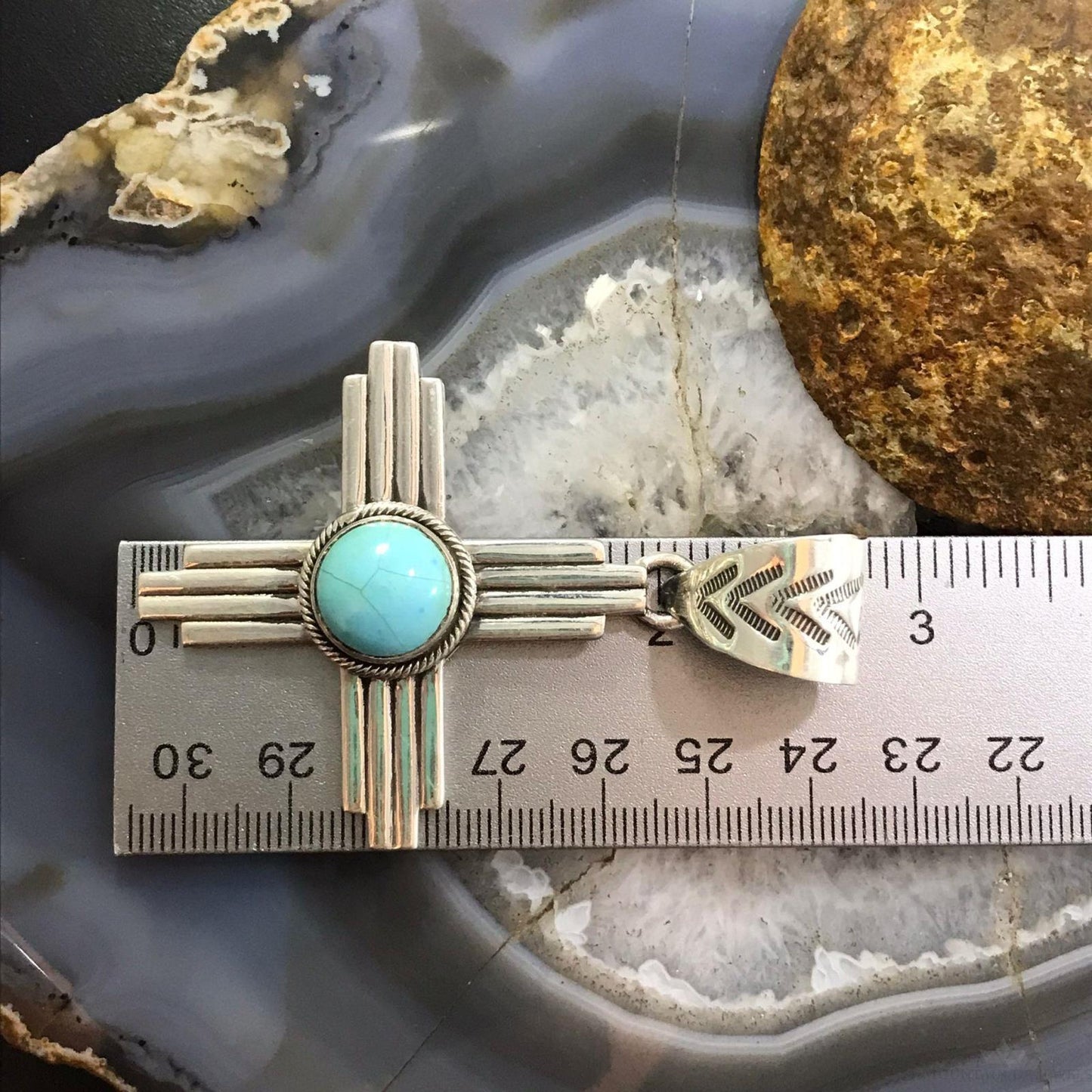 Native American Sterling Silver Round Turquoise Unisex Zia Pendant #2