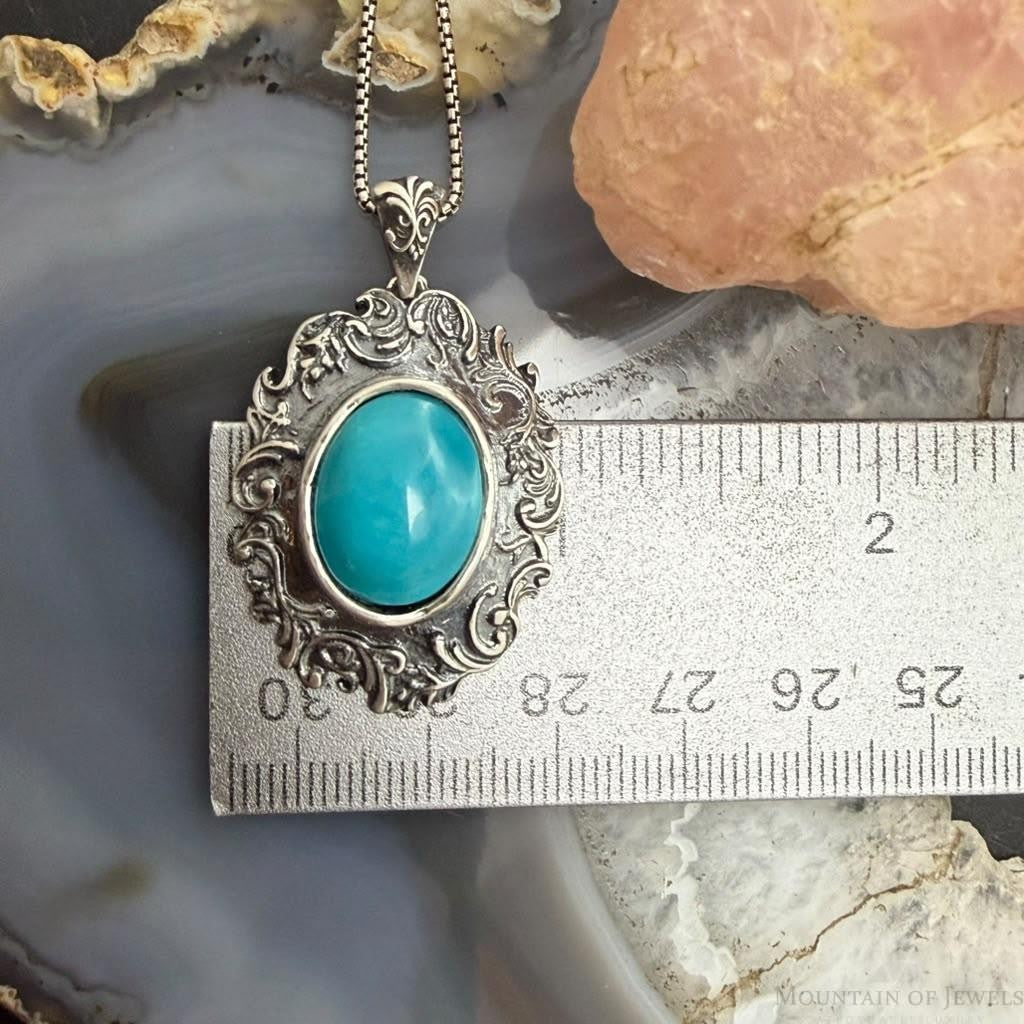 Paz Israel Sterling Silver Oval Turquoise Decorated Pendant w/Necklace For Women