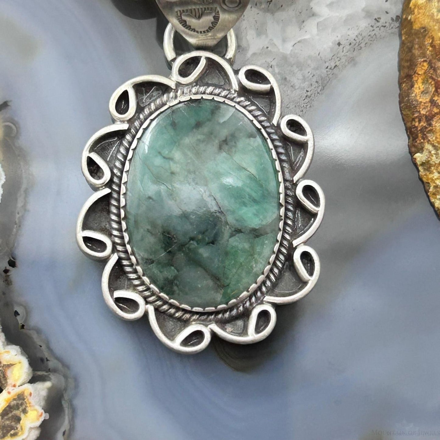 Sterling Silver Southwestern Style Oval Emerald Decorated Pendant For Women #1