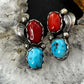 Native American Silver Turquoise & Coral Leaf Decorated Stud Earrings For Women