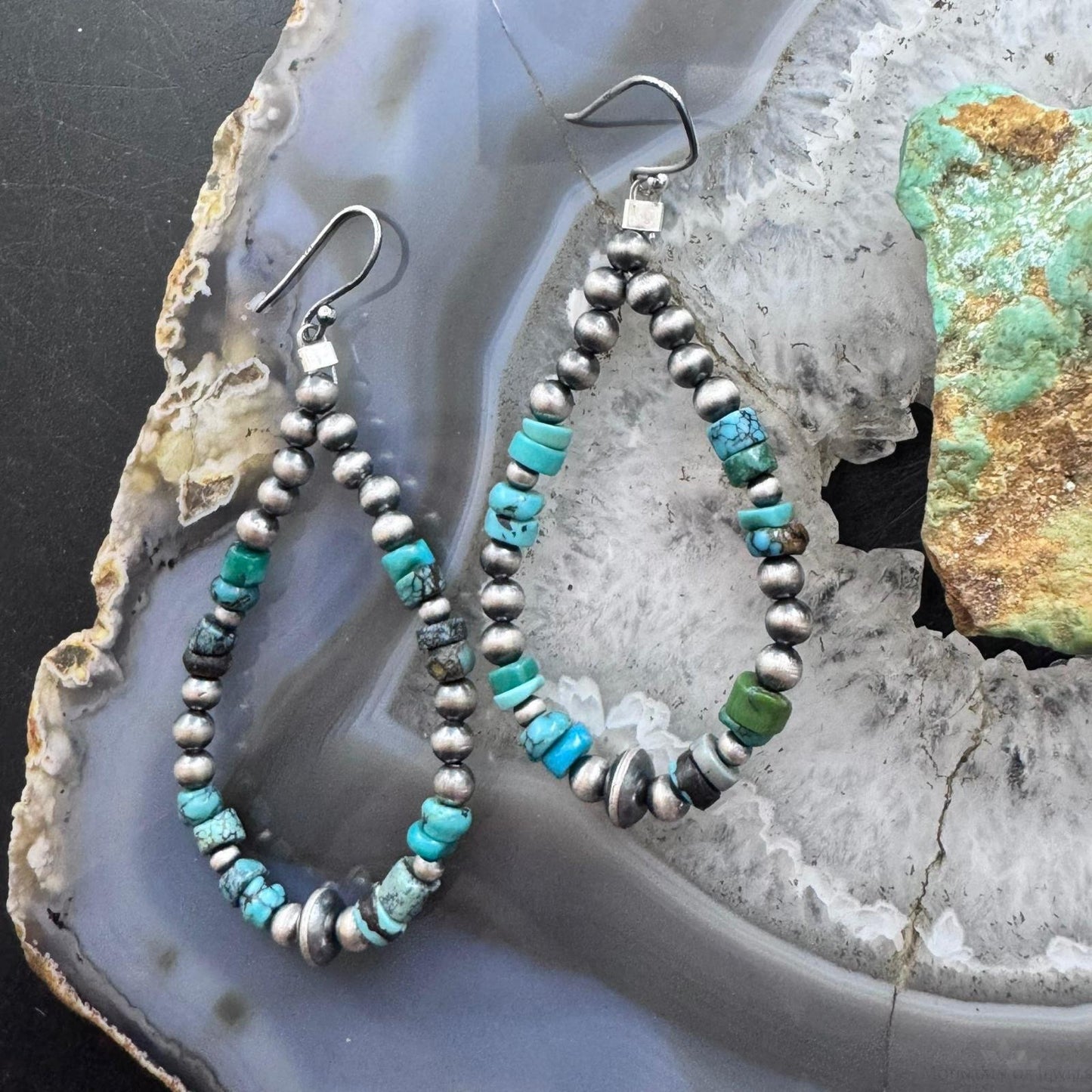 Sterling Silver Southwestern Style Navajo Pearl & Turquoise Bead Hoop Earrings For Women