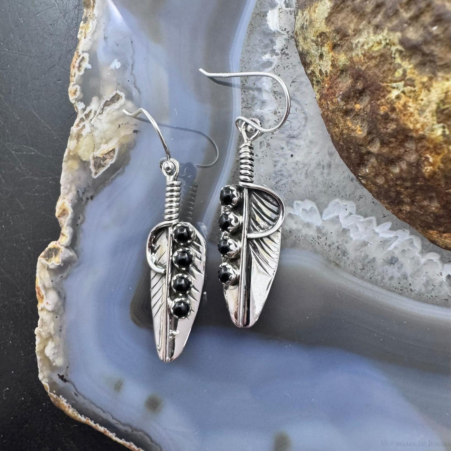 Sterling Silver Southwestern Style 4 Onyx Dots Feather Dangle Earrings For Women
