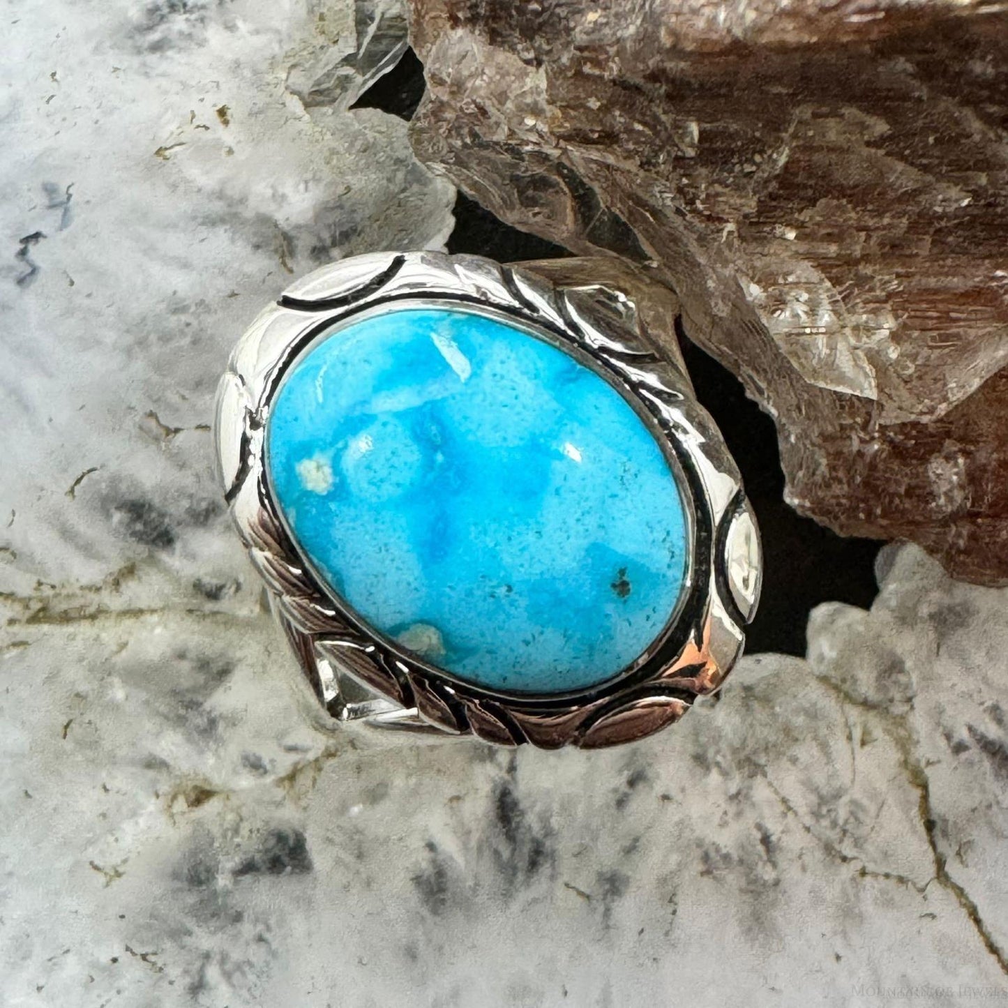 Native American Sterling Silver Oval Turquoise Decorated Ring Sz 8.5 For Women