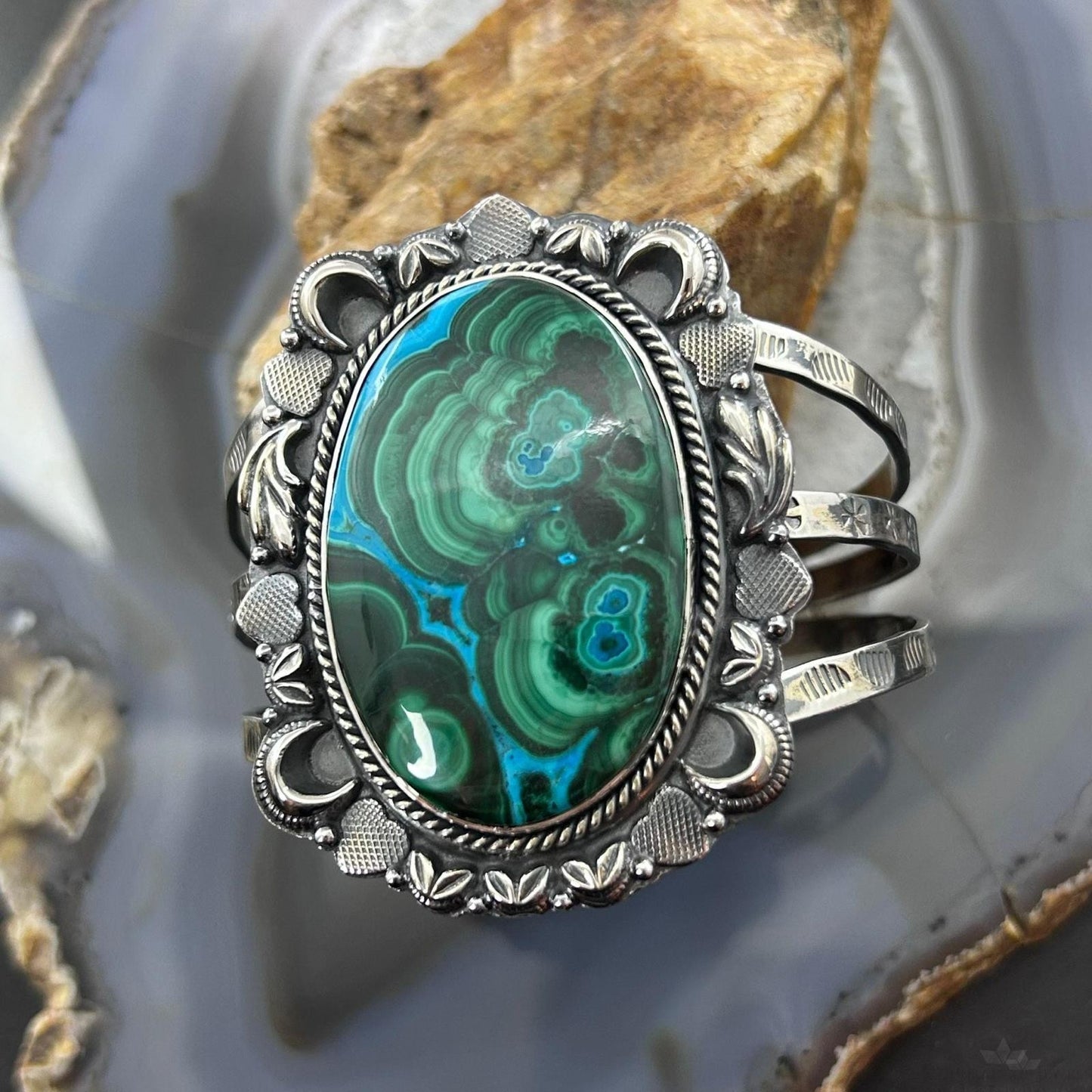 Sterling Silver Southwestern Style Large Oval Malachite Azurite Bracelet For Women
