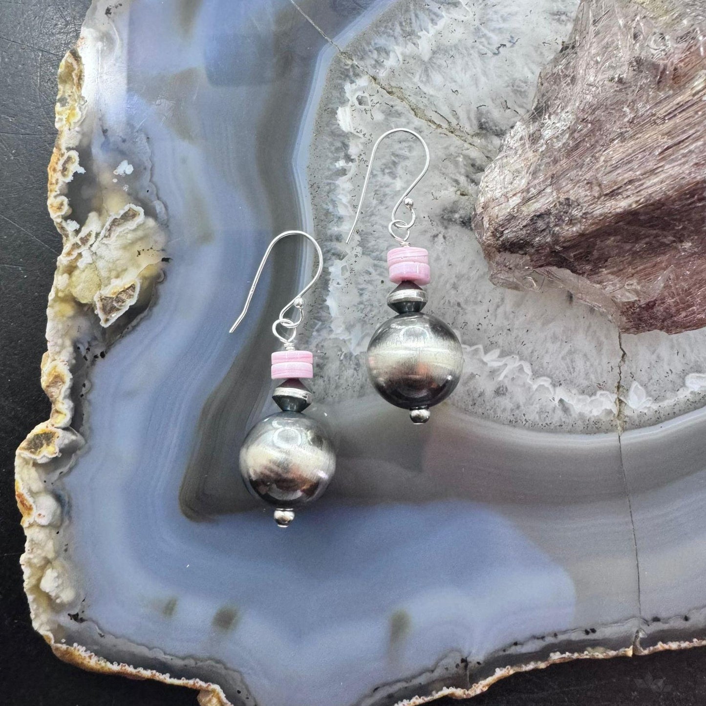 Native American Sterling Silver Navajo Pearl Bead Pink Conch Dangle Earrings For Women