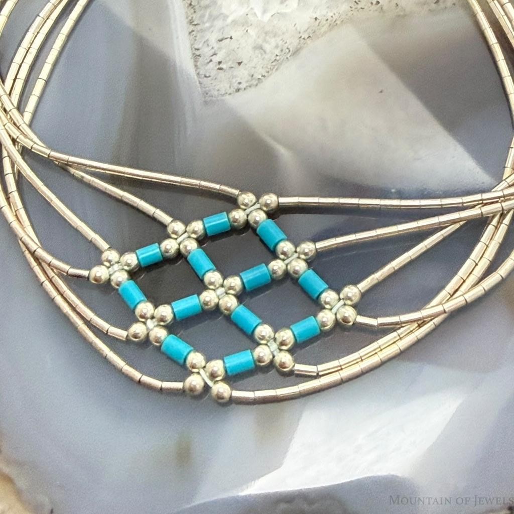 Sterling Silver Liquid Silver & Turquoise Woven Beaded 7" Bracelet For Women