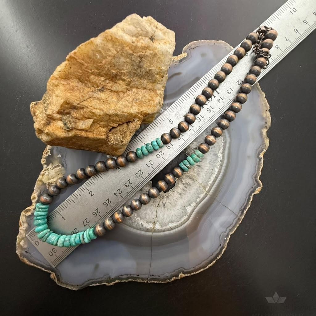 Southwestern Style Copper 8mm Round Navajo Pearl Beades &Turquoise Disk Necklace For Women