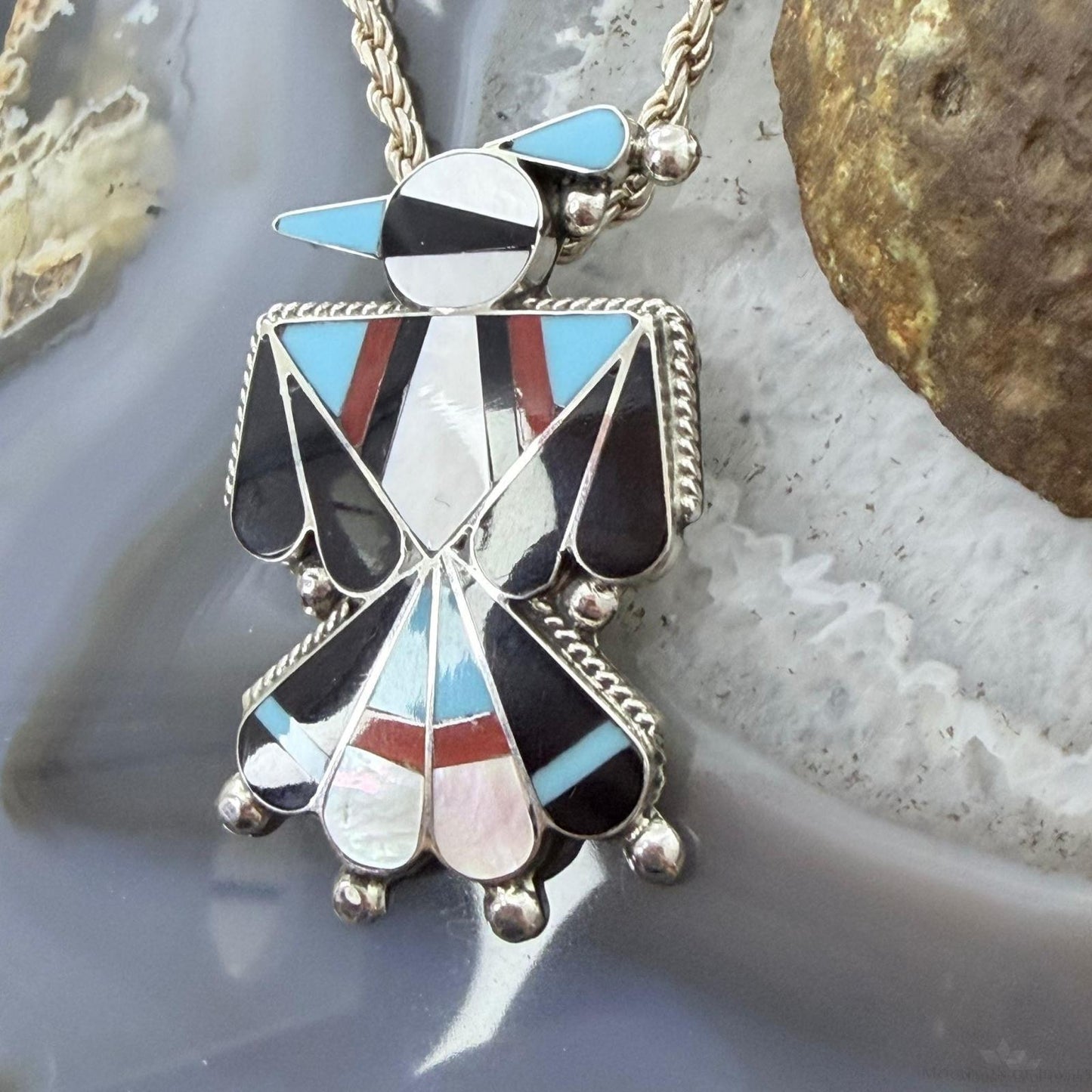 Signed Native American Sterling Silver Multi-Stone Inlay Thunderbird Unisex Pendant/Brooch