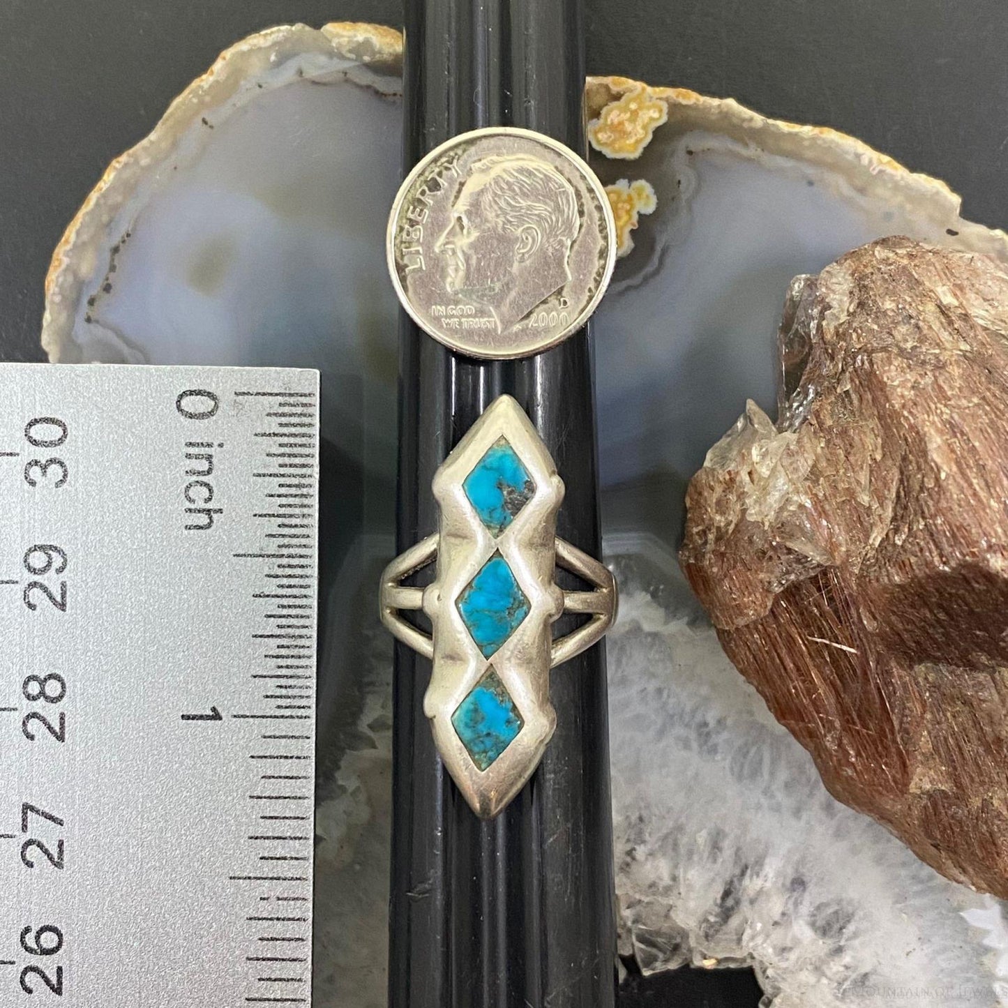 Vintage Native American Silver Turquoise Inlay Split Shank Ring Size 6.5 For Women