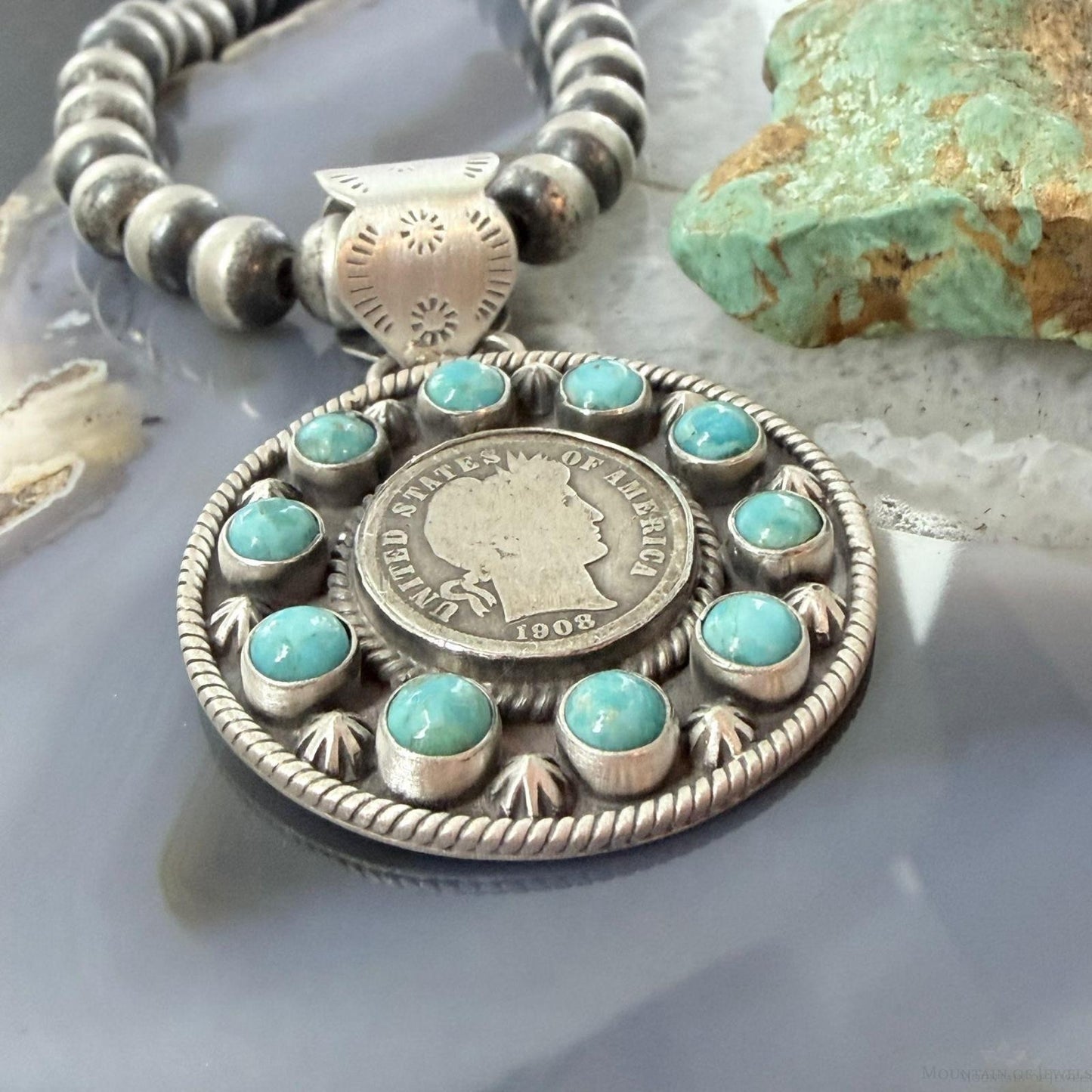 Genuine 1908 90% Silver Barber Head Dime Coin w/Mohave Turquoise Unisex Pendant