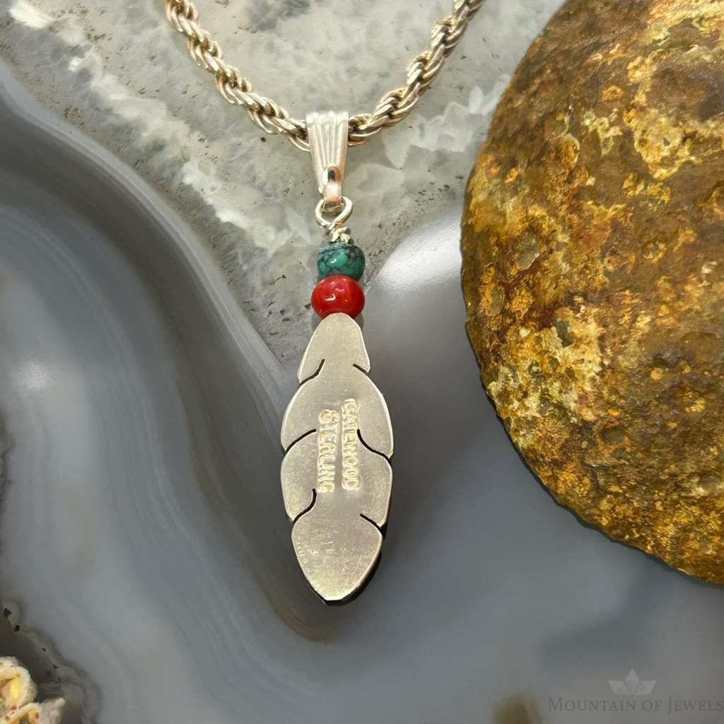 Anthony Gatewood Sterling Silver Turquoise & Coral Beads Feather Pendant For Women