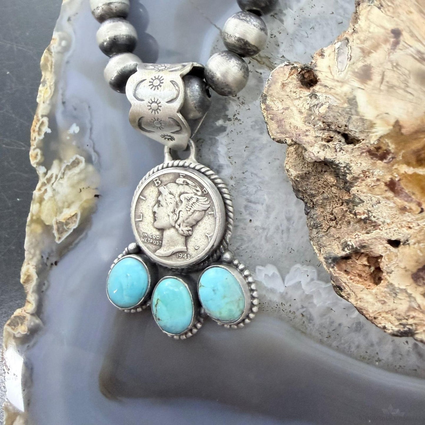 Genuine 1943 90% Silver Mercury Dime Coin w/Teardrop Turquoise Decorated Pendant