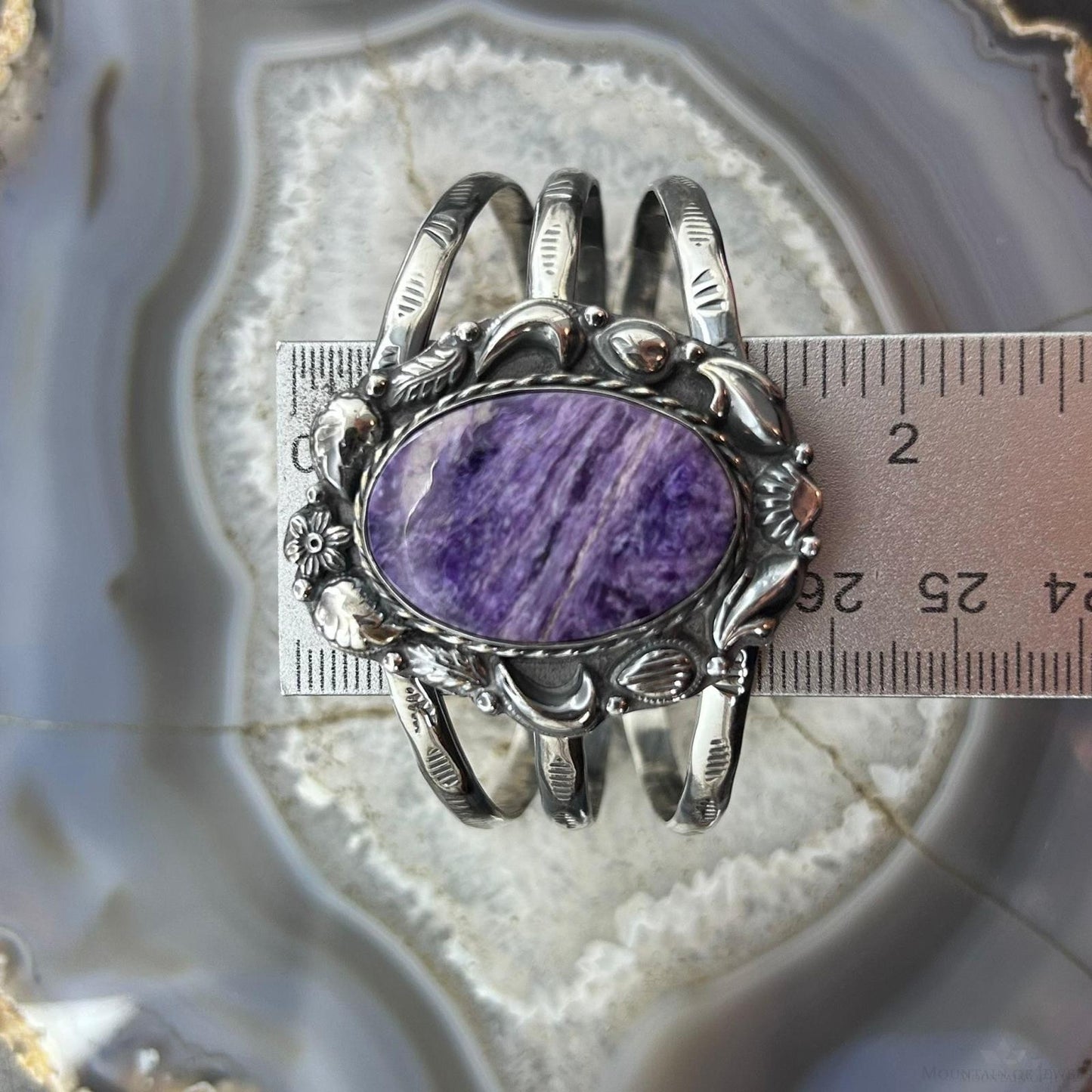 Sterling Silver Southwestern Style Large Oval Charoite Decorated Bracelet For Women