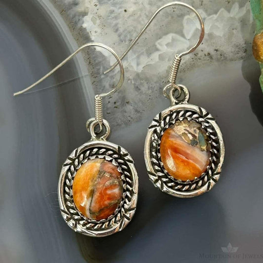 Sterling Silver Southwestern Style Spiny Oyster Turquoise Dangle Earrings For Women #5