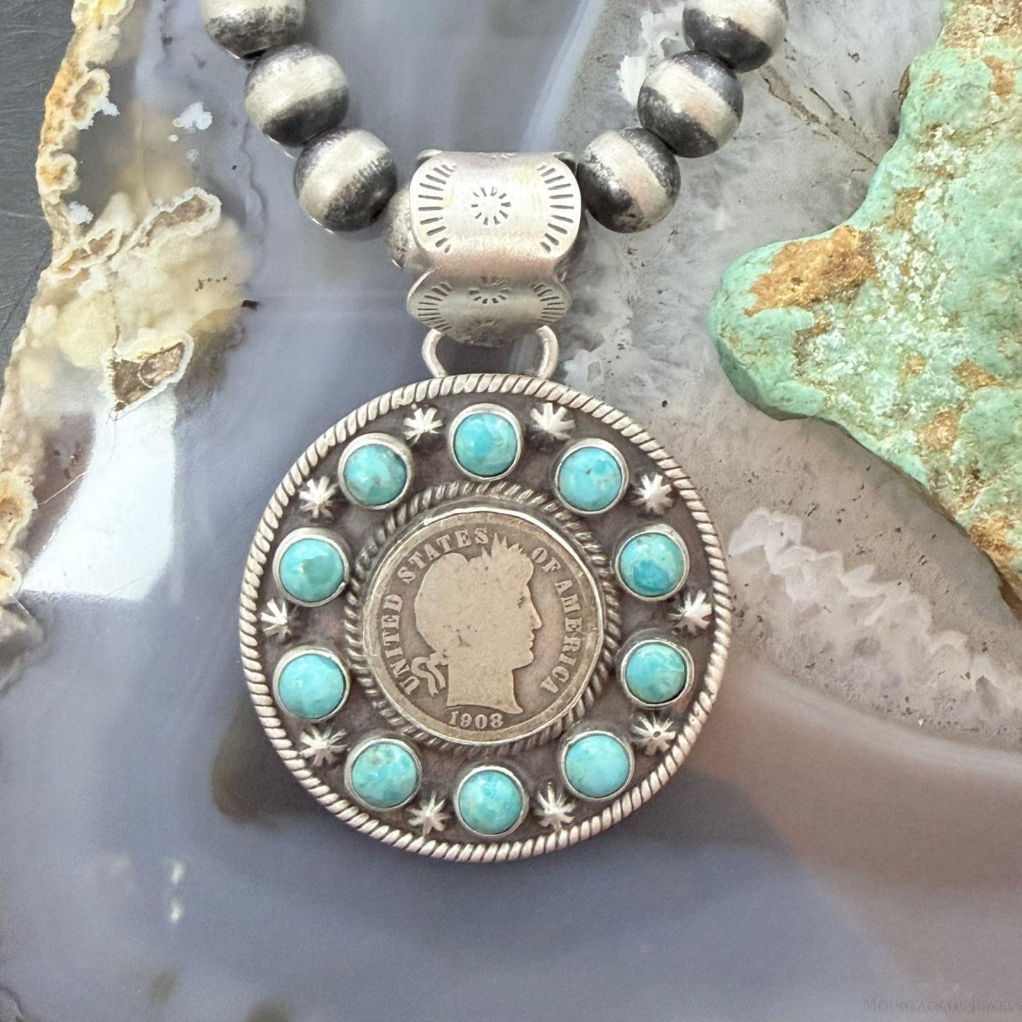 Genuine 1908 90% Silver Barber Head Dime Coin w/Mohave Turquoise Unisex Pendant