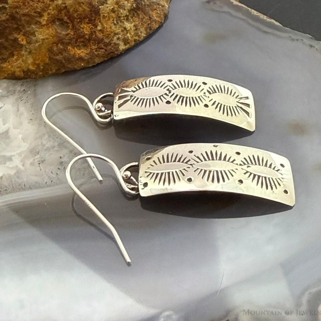 Michael Nez Native American Sterling Silver Stamped Curved Dangle Earrings For Women