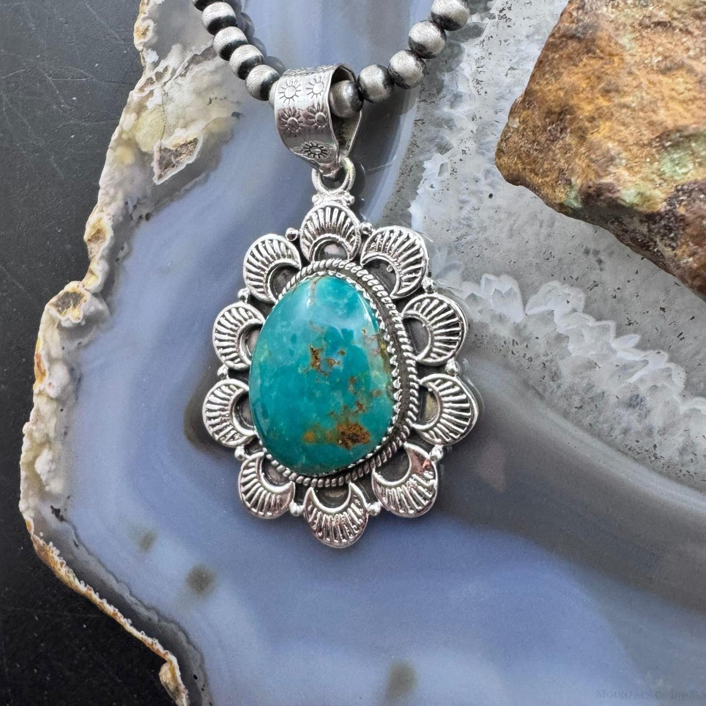 Sterling Silver Southwestern Style Large Turquoise Decorated Pendant For Women