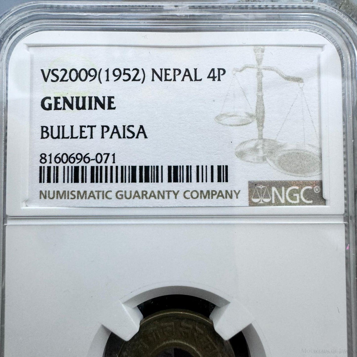 VS2009 (1952) Nepal 4P Bullet Paisa Genuine NGC #8160696-071