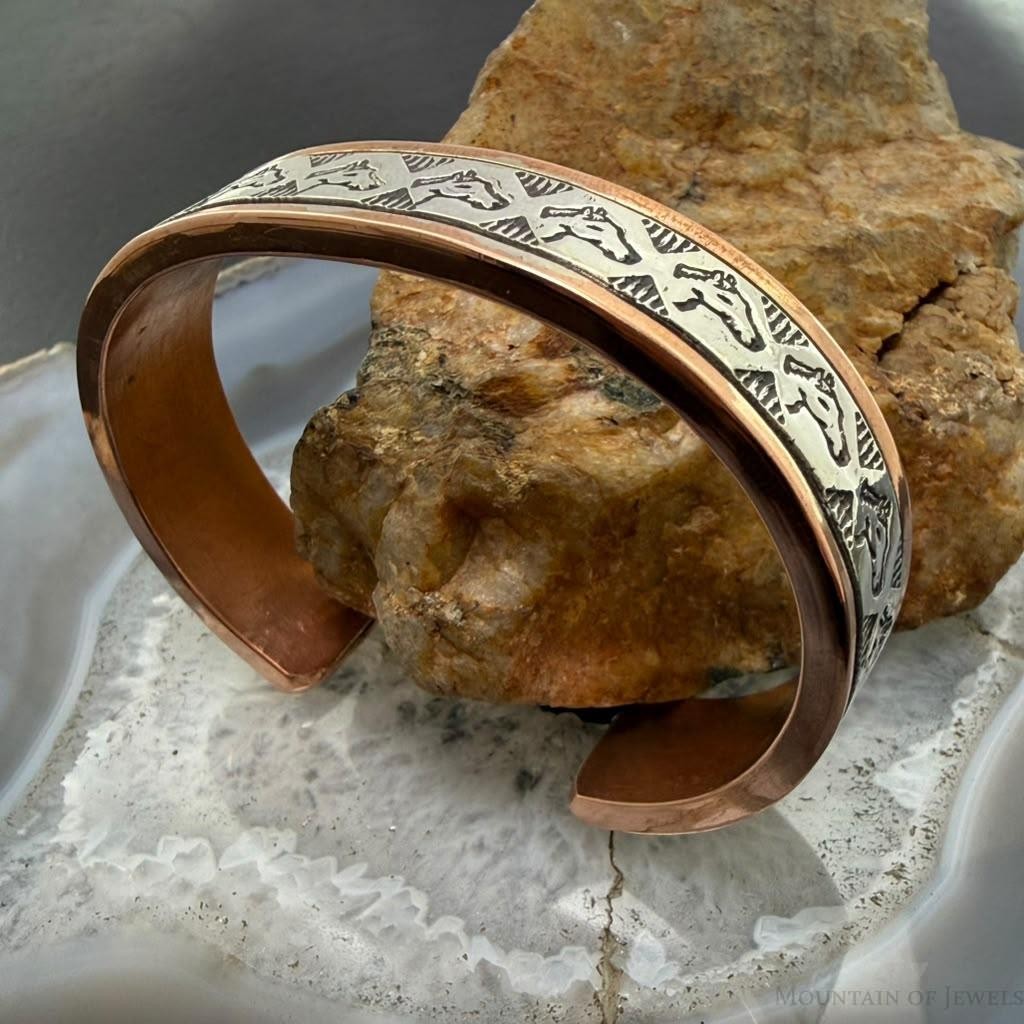 Wylie Secatero Navajo Sterling Silver & Copper Stamped Horse Bracelet For Women