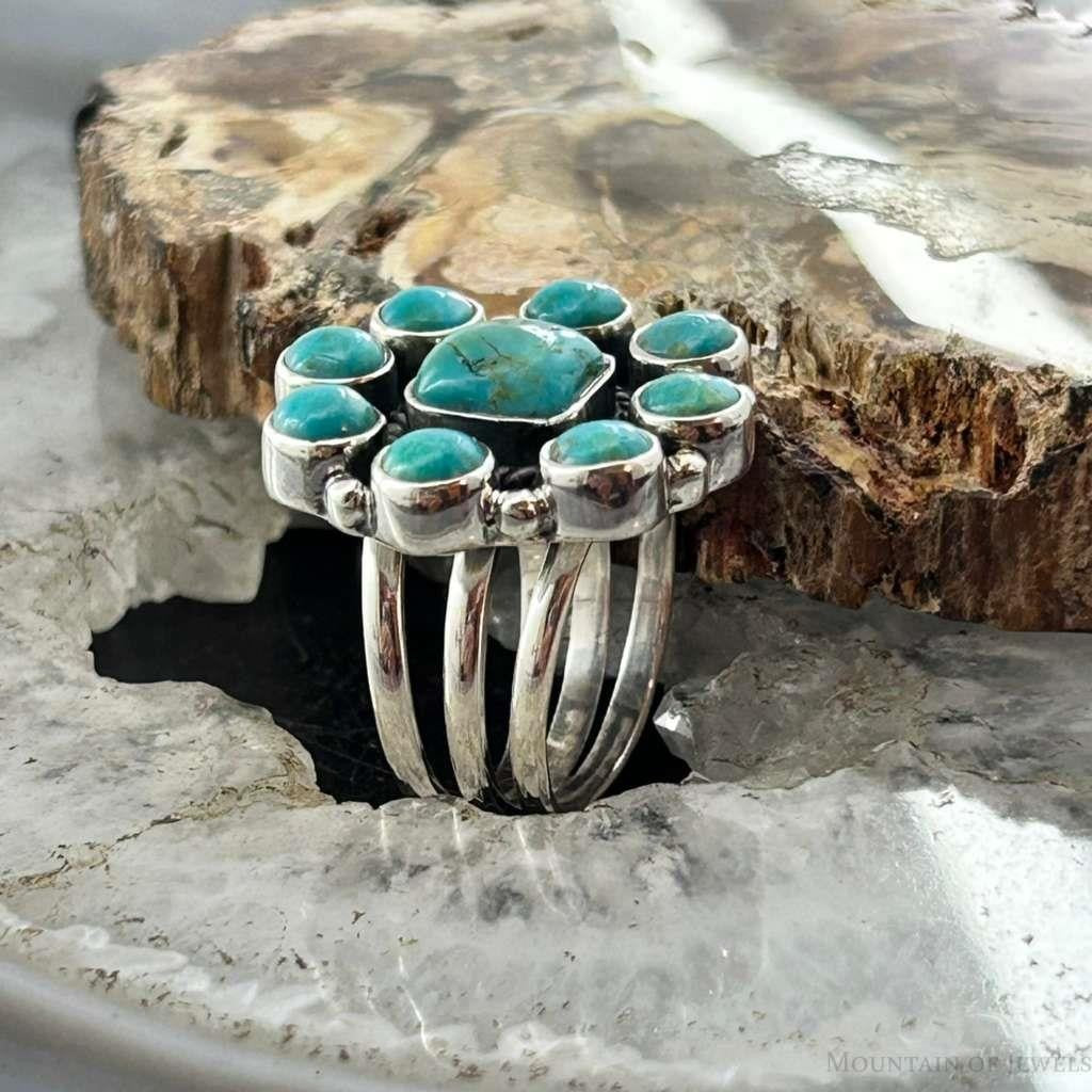 Sterling Silver Southwestern Style Mohave Turquoise Cluster Ring Size 7.5 For Women