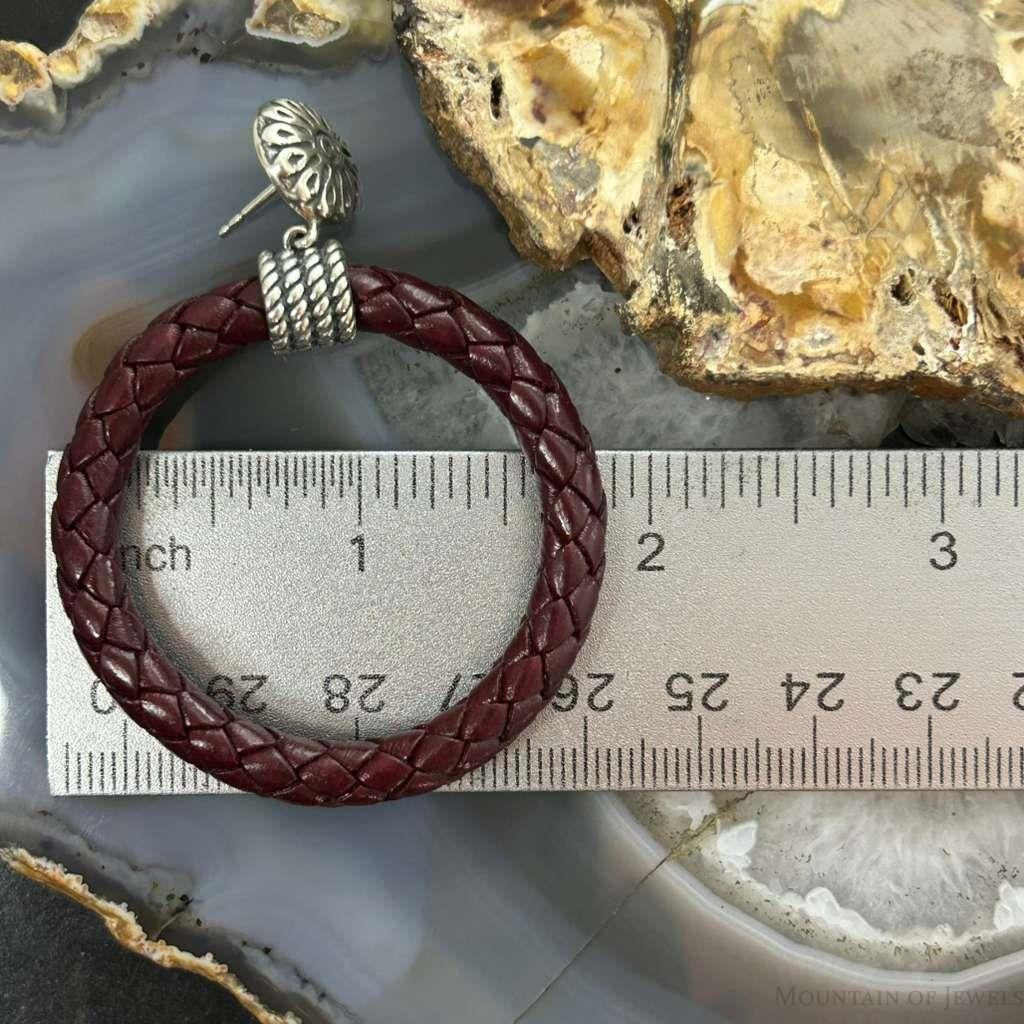 Carolyn Pollack Sterling Silver Maroon Braided Leather Hoop Earrings For Women