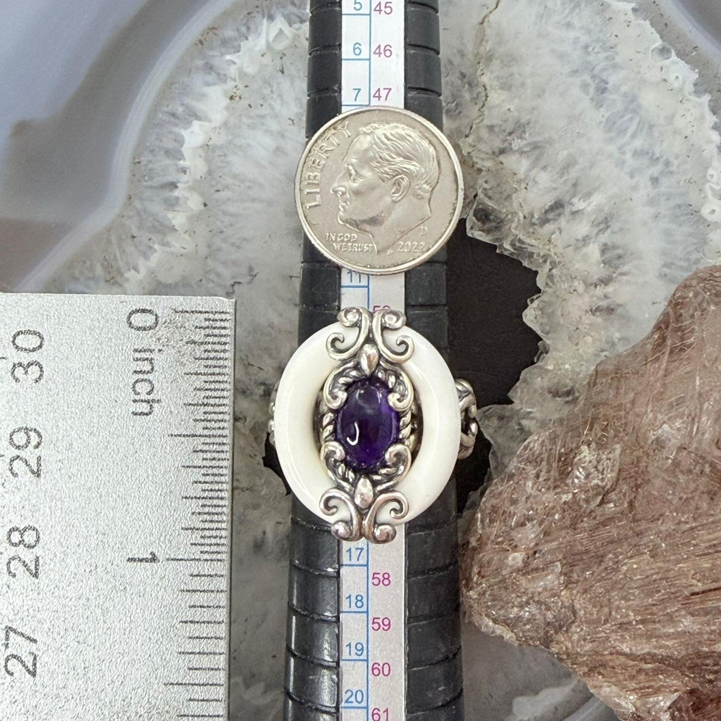 Carolyn Pollack Sterling Silver White Agate & Oval Amethyst Ring Size 7.25 For Women
