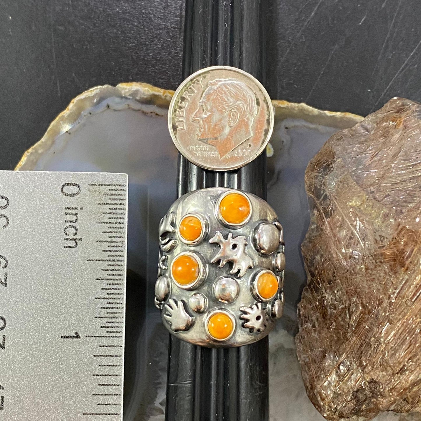 Carolyn Pollack Southwestern Style Sterling Silver 5 Orange Spiny Oyster Petroglyph Ring For Women