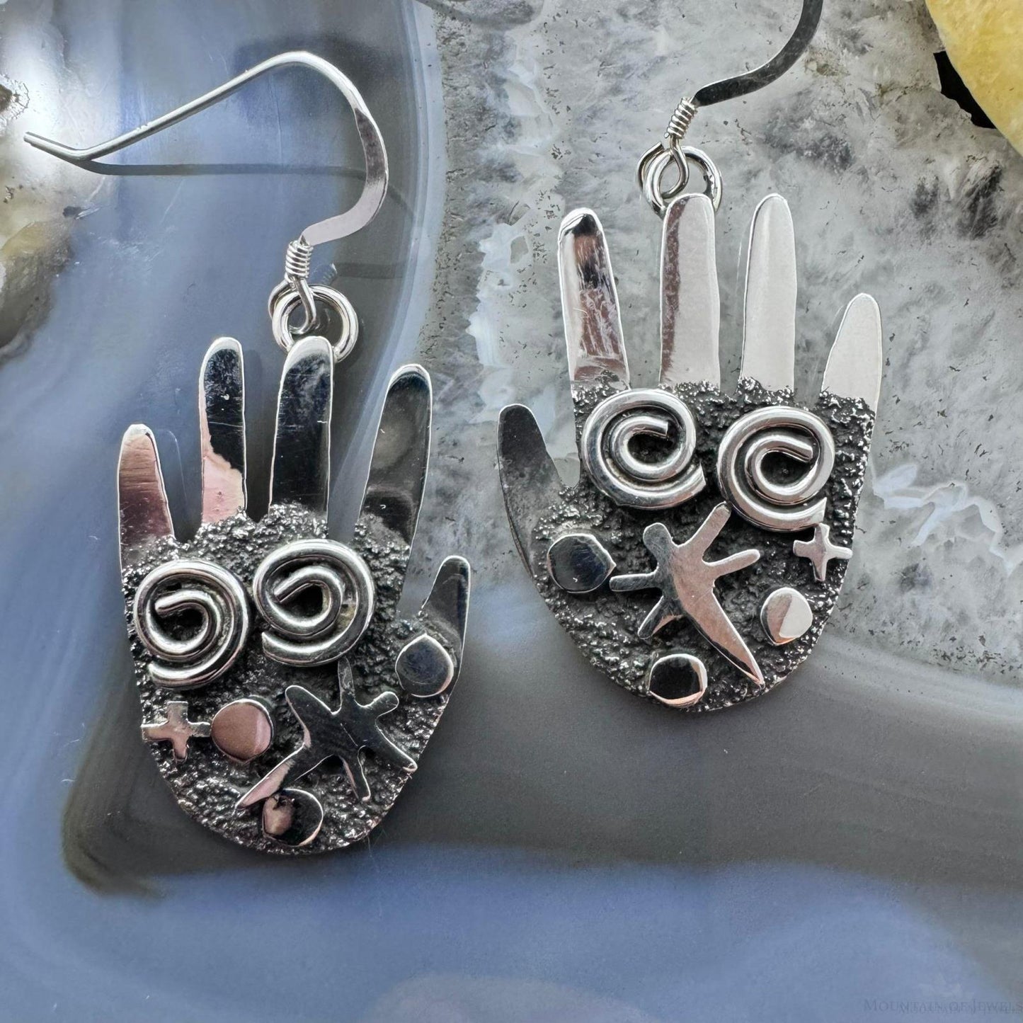 Alex Sanchez Native American Sterling Silver Ancestors Hand Petroglyph Dangle Earrings For Women #1