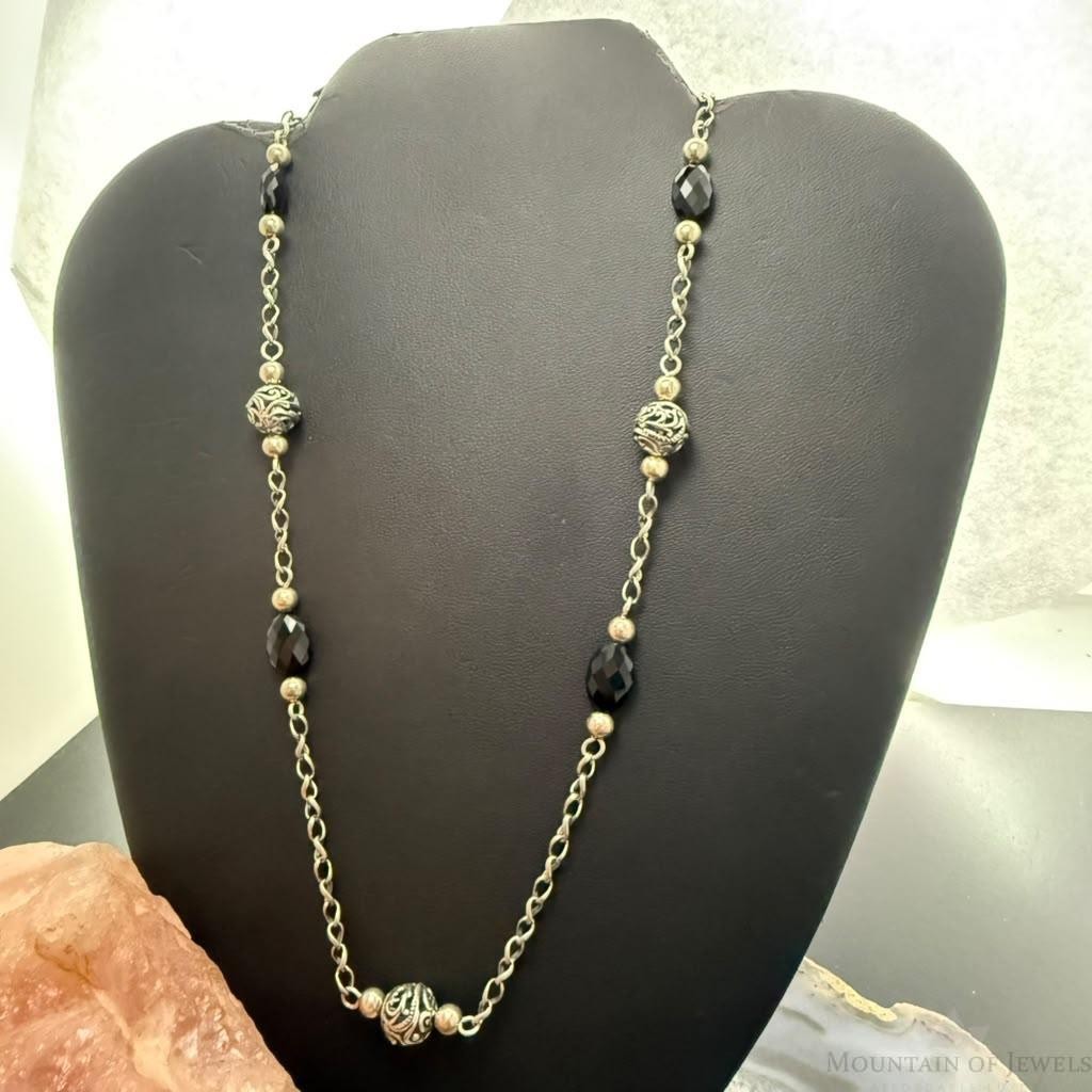 Carolyn Pollack Sterling Silver Faceted Onyx W/Swirl Beaded 26" Necklace