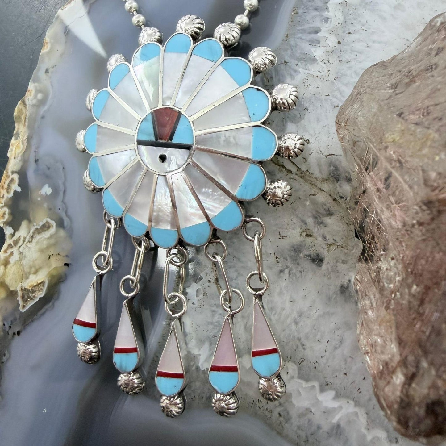 Abel Soseeah Zuni Native American Sterling Silver Inlay Sunface Pendant/Brooch For Women