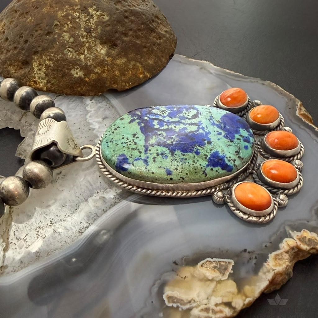 Sterling Silver Southwestern Style Azurite Chrysocolla & Spiny Oyster Decorated Pendant