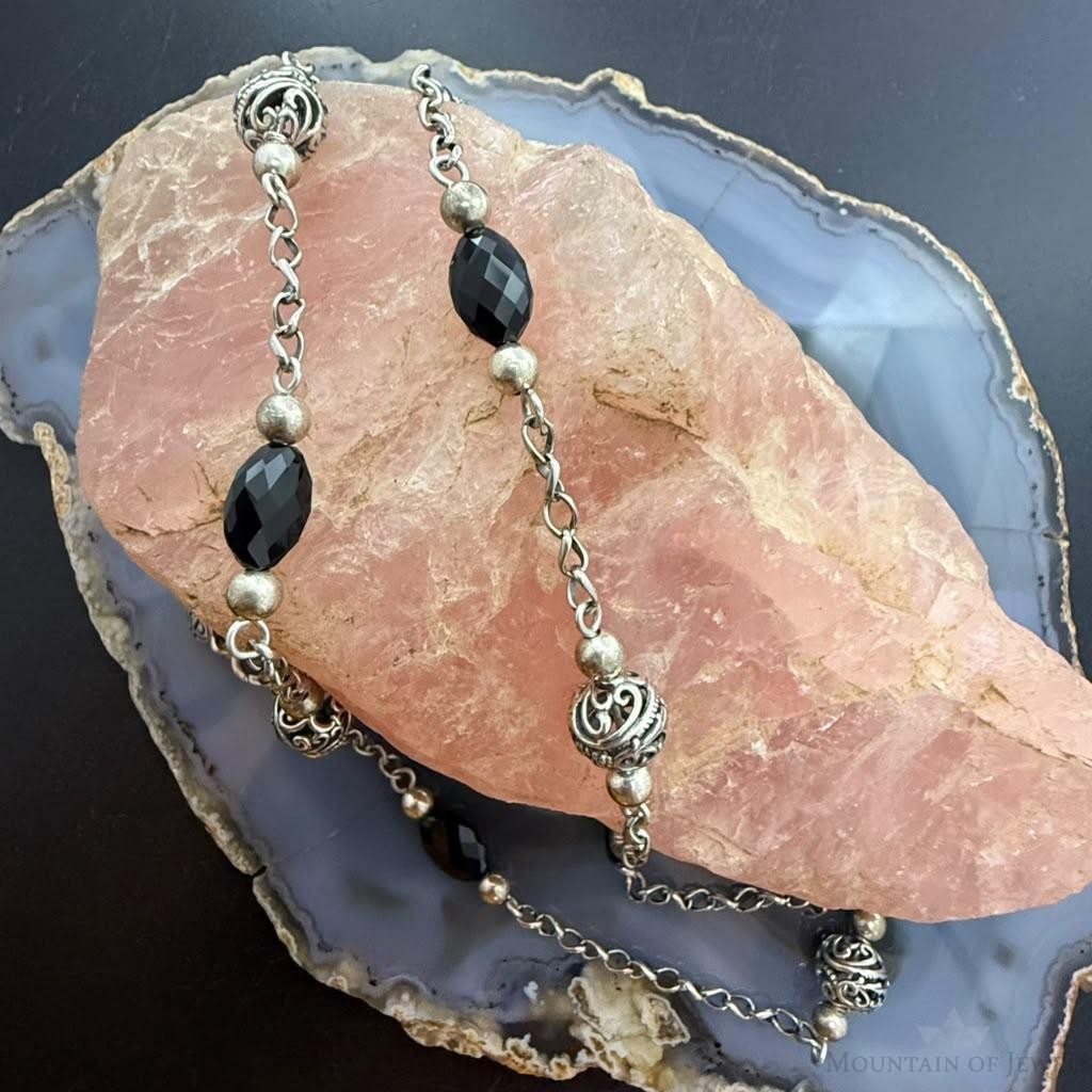 Carolyn Pollack Sterling Silver Faceted Onyx W/Swirl Beaded 26" Necklace