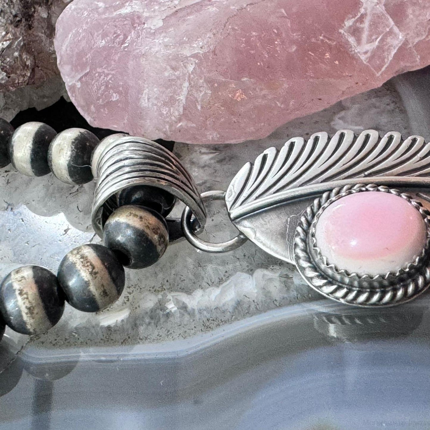 Native American Sterling Silver Oval Pink Conch Feather Pendant For Women