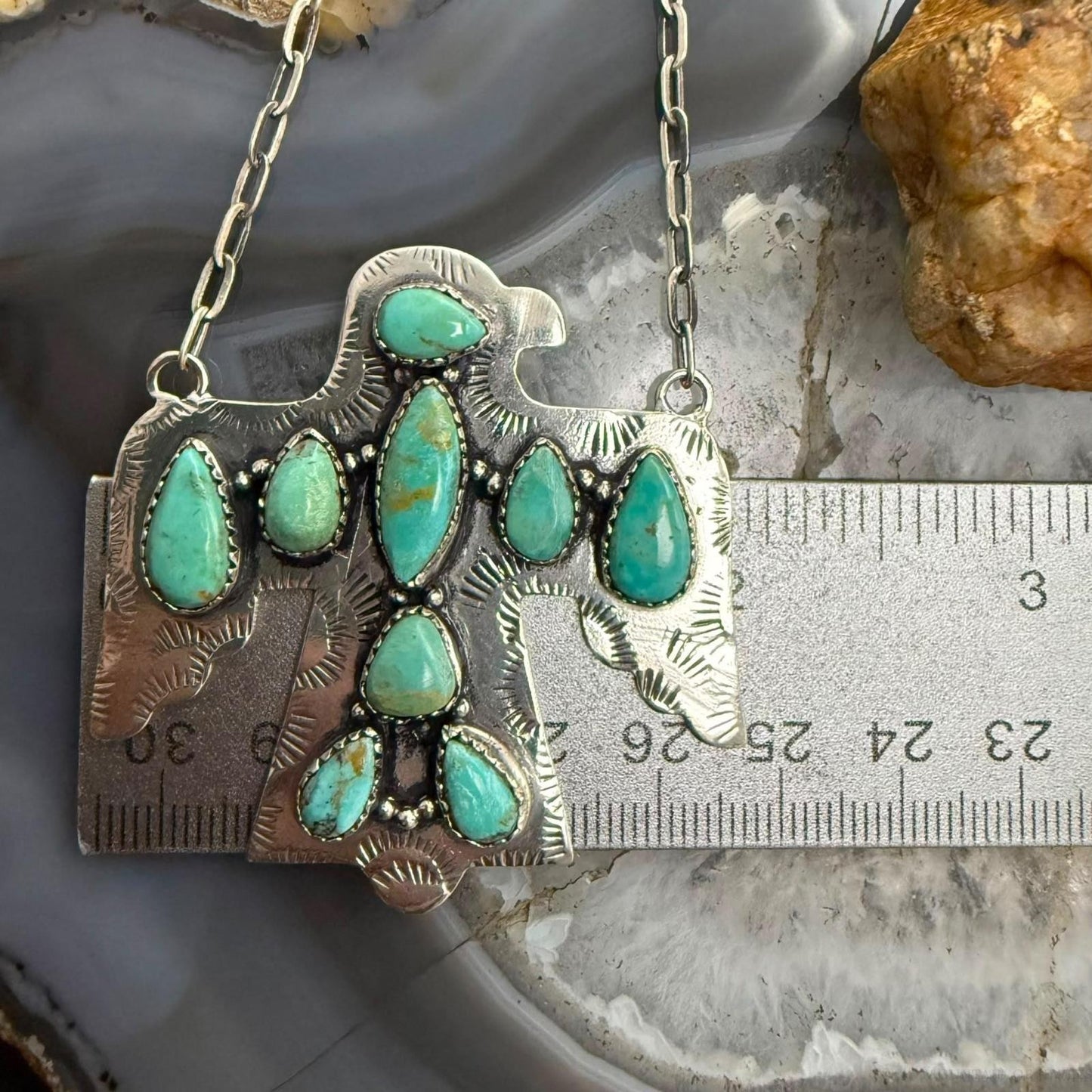 Sterling Silver Southwestern Style Kingman Turquoise Thunderbird Pendant Necklace For Women #3