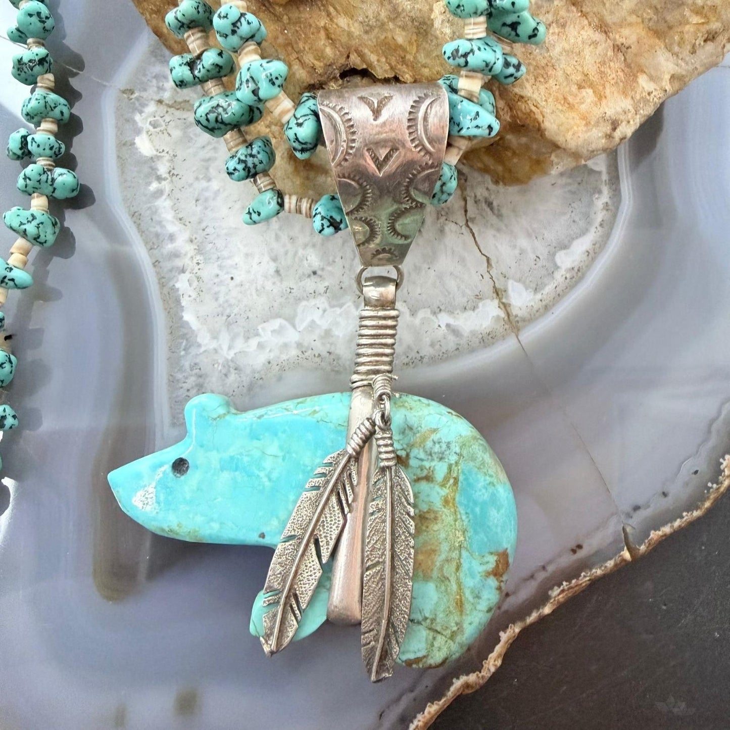 Vintage Native American 2 Strand Kingman Turquoise w/Fetish Bear Necklace