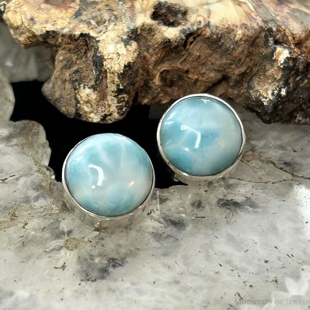 Sterling Silver Southwestern Style Rounded Larimar Stud Earrings For Women