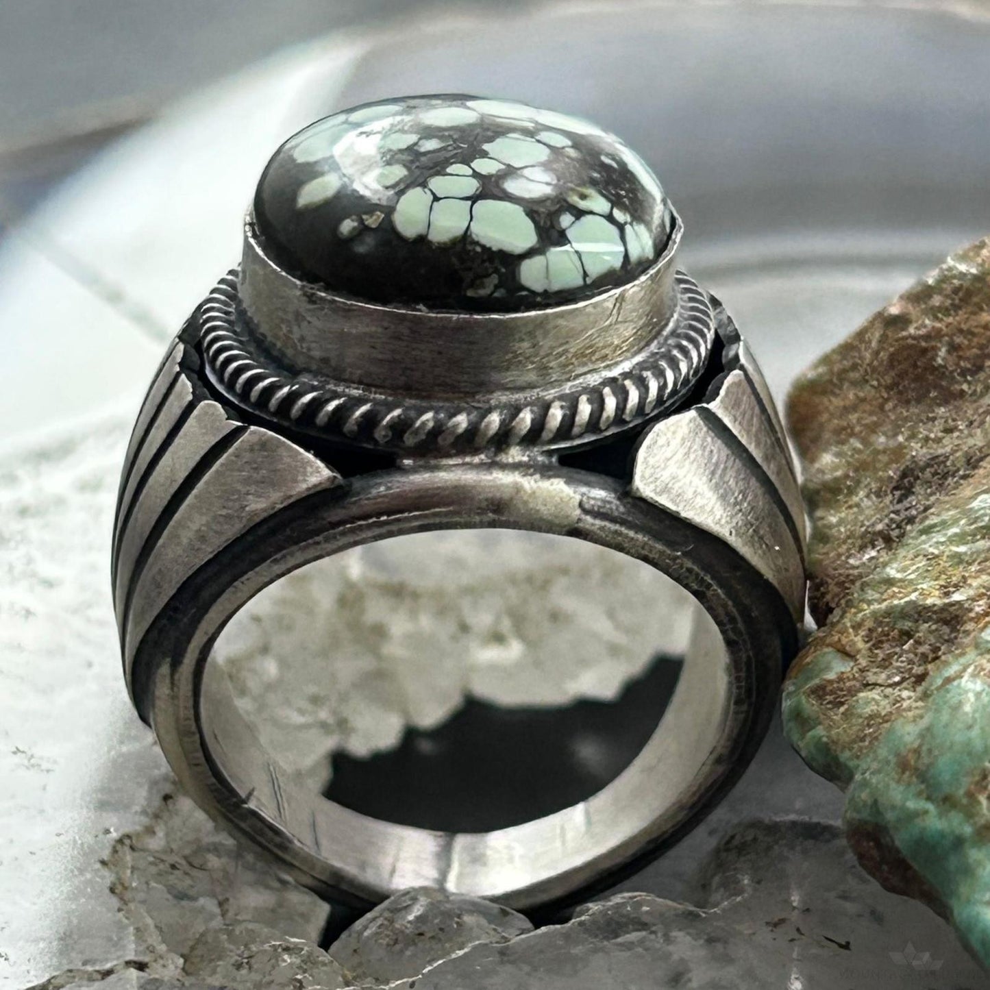 Native American Sterling Silver Oval Turquoise w/Matrix Shield Ring Size 9.5 For Men