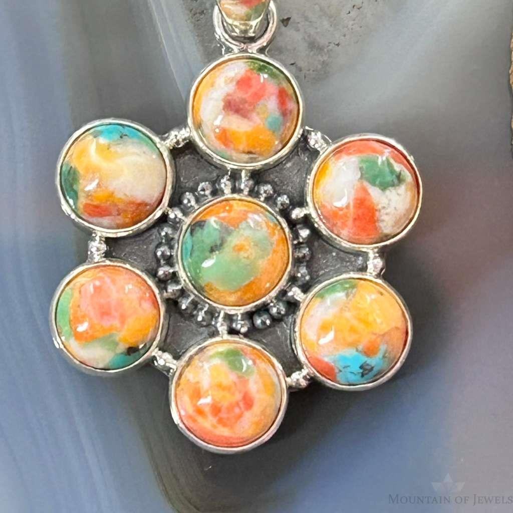 Native American Sterling Silver Turquoise Spiny Oyster Cluster Pendant For Women