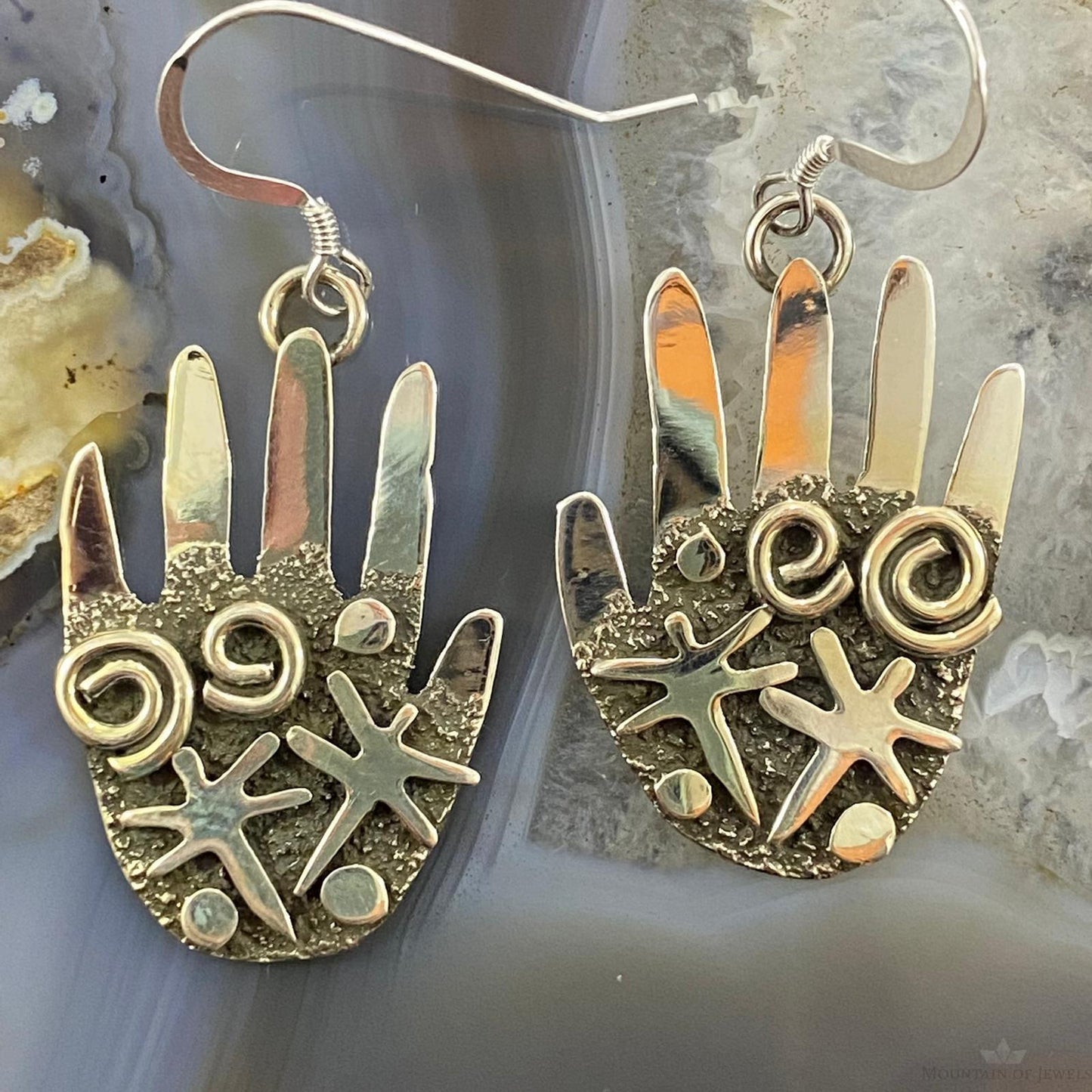 Alex Sanchez Native American Sterling Silver Ancestors Hand Petroglyph Dangle Earrings For Women #1