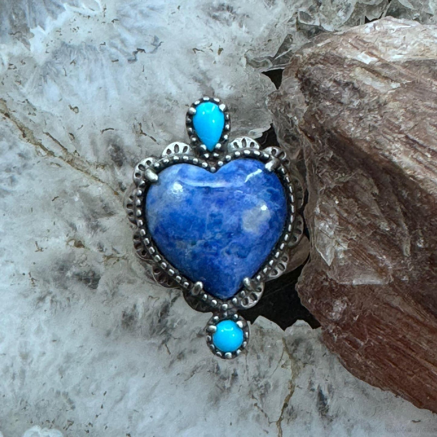 Carolyn Pollack Sterling Silver Denim Lapis Heart & Turquoise Decorated Ring Size 6 For Women